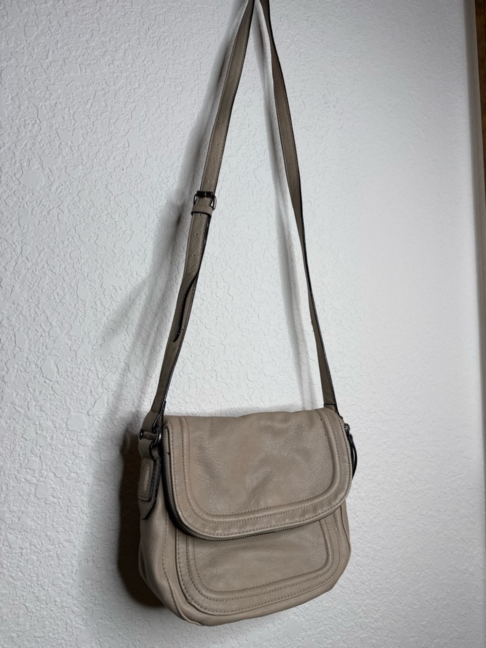 Joy Susan Taupe Vegan Leather Flap Crossbody Bag Saddle Bag Purse Handbag
